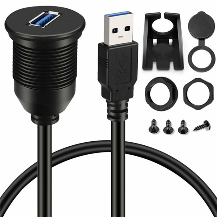 qhtongliuhewu USB Extension Cable Waterproof Motorcycle Dashboard Panel Flush AUX RCA Car Boat Black 